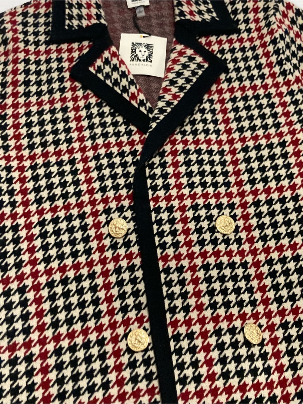 NWT Anne Klein Titan Red Black Houndstooth Open Front Gold Button Knit Blazer - Picture 16 of 16
